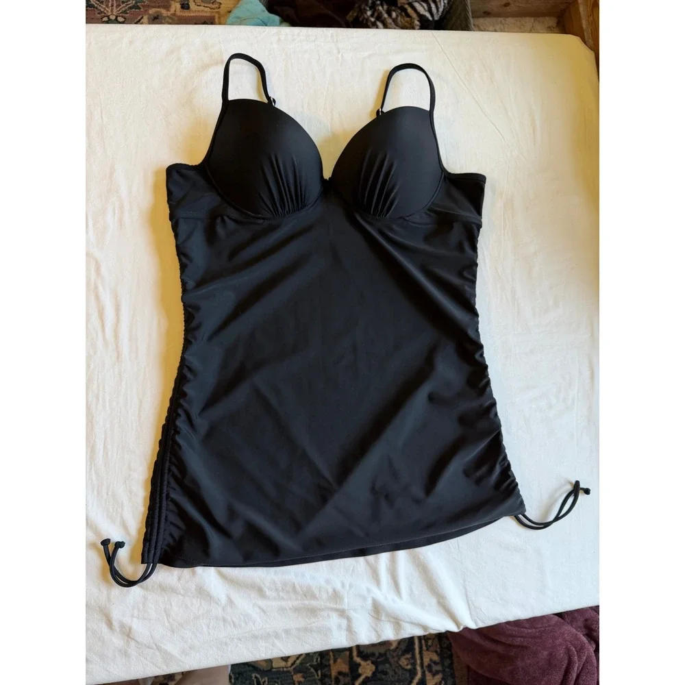 Love Your Assets Spanx Black Ruched Tankini Top Underwire XL beach vacation